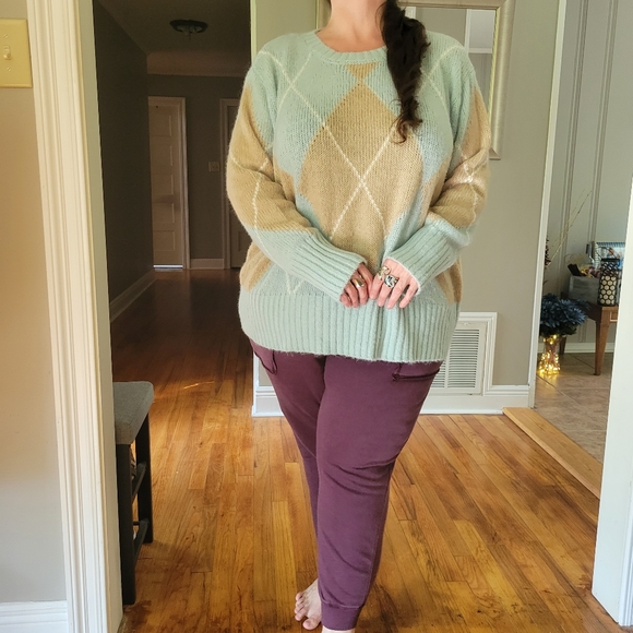 Ellos Plus Size Oversized Antique Mint Argyle Pullover Sweater Size 2X - Picture 6 of 16